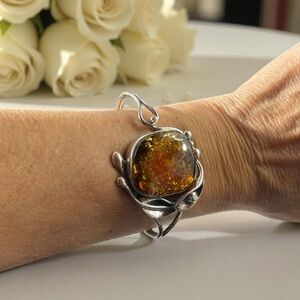 Vintage Art Nouveau Silver Bracelet w Large Baltic Amber Stone Cuff Bracelet